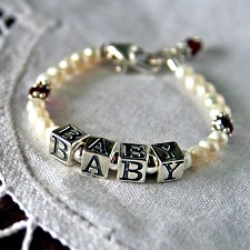 Birthstone and Freshwater Pearl Baby Name Bracelet - Baby in Sterling Silver Beads