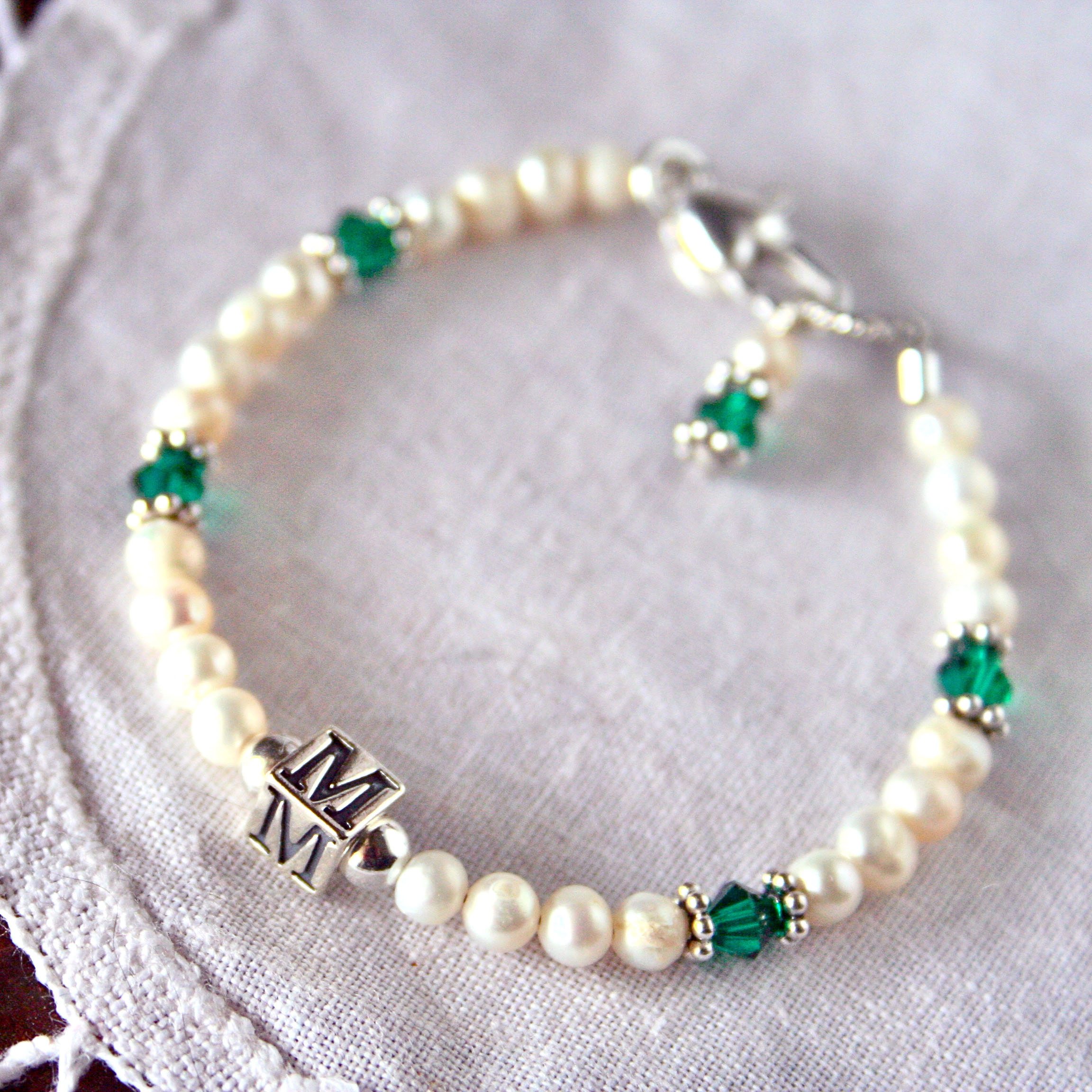Birthstone and Freshwater Pearl Initial Baby Bracelet